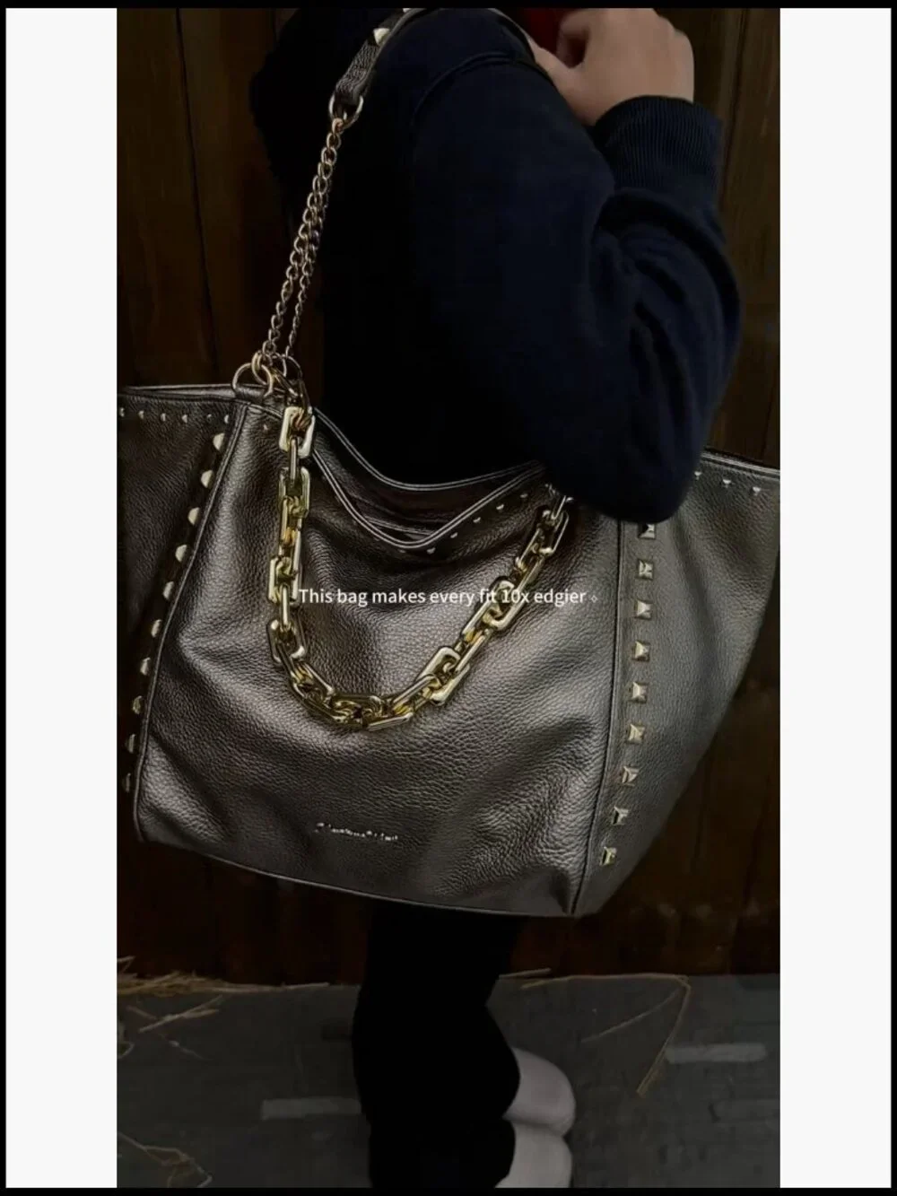 Oversized Hobo Tote Bag Studded Vegan Leather Zipper Chain Handle Shoulder Purse